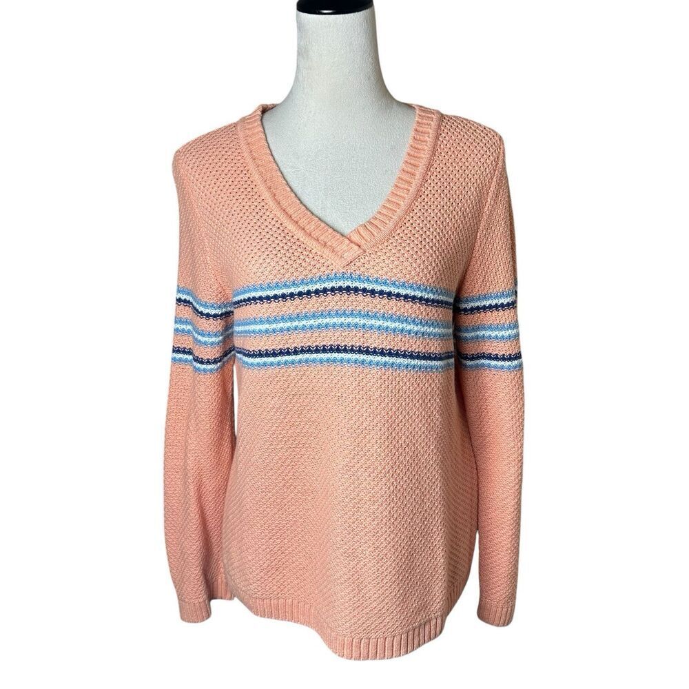Christopher & Banks Open Knit Peach Striped V-neck Sweater Y2K Tennis Prep